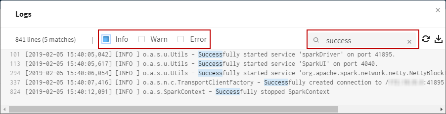 In the Logs window, the Info level is selected and the search term 'success' is entered to filter on informational messages that contain this word.