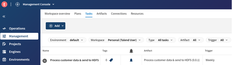 On the Management page of Talend Management Console, a task based on the published artifact has been created.