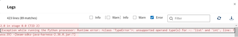 In the Logs panel, the error check box is selected and an error message related to an incorrect operator on line 7 is highlighted.