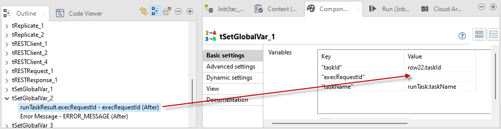 Dragging and dropping variables from the Outline view to components with table parameters.