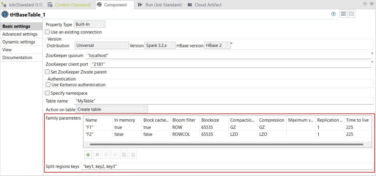 Basic settings view of tHBaseTable opened highlighting Family parameters and Split regions keys options.