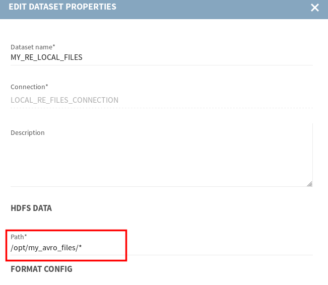 Screenshot showing how to edit HDFS dataset properties.