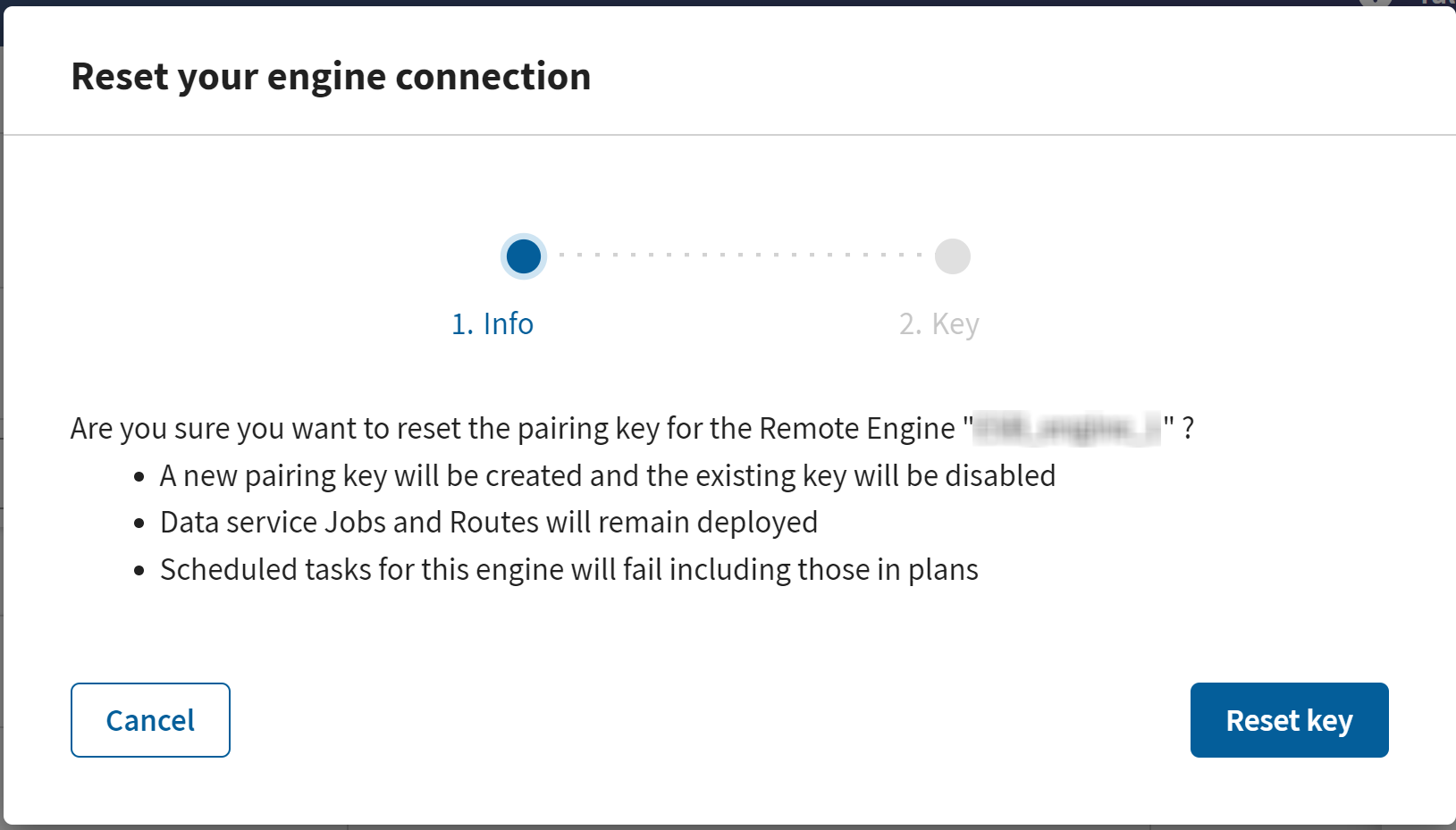 Screenshot of the information window about resetting a Remote Engine pairing key.