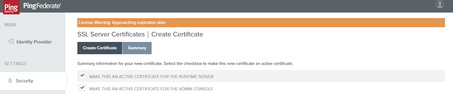 The certificate information shows options to make the certificate active in different contexts. In this example, it is made active for both the runtime server and the admin console.