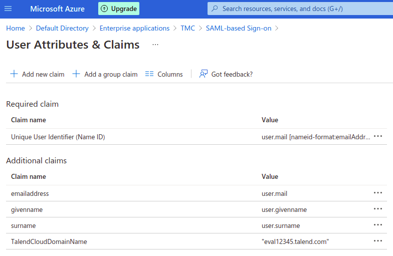 User Attributes & Claims page.