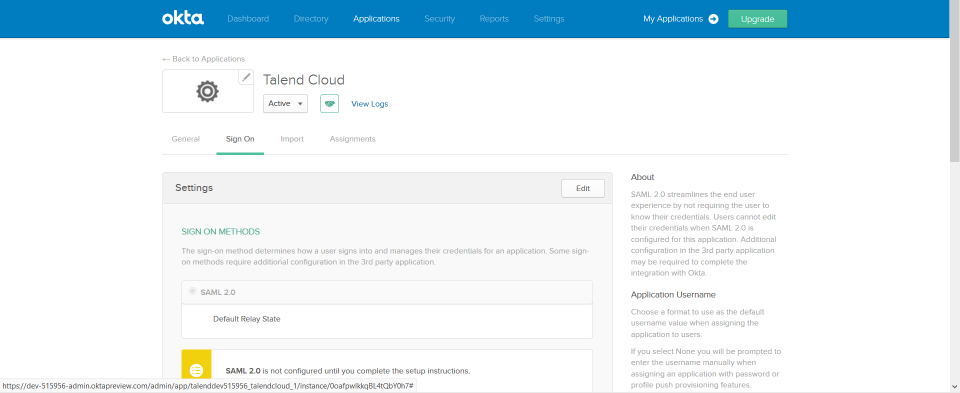 The Talend Cloud app is created in Okta.