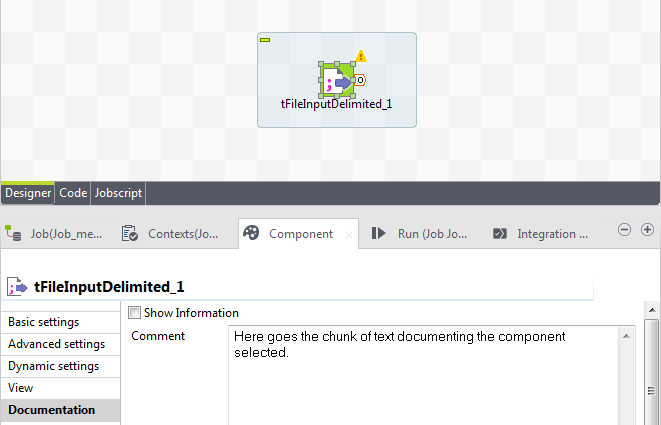 Documentation view of a component that contains the following comment: "Here goes the chunk of text documenting the component selected".