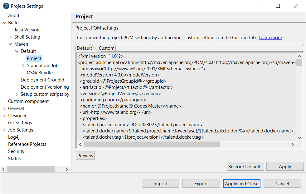 Project Settings dialog box.