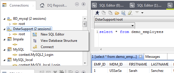 Contextual menu of a connection in the Connections view.