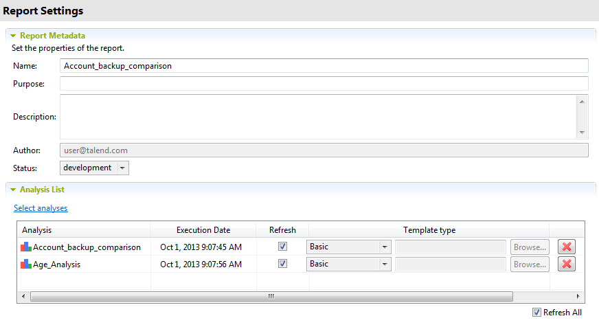 Overview of the Report Metadata and Analysis List sections.