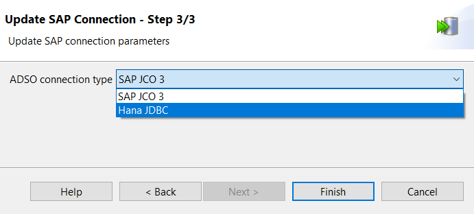 Update SAP Connection - Step 3/3 dialog box.