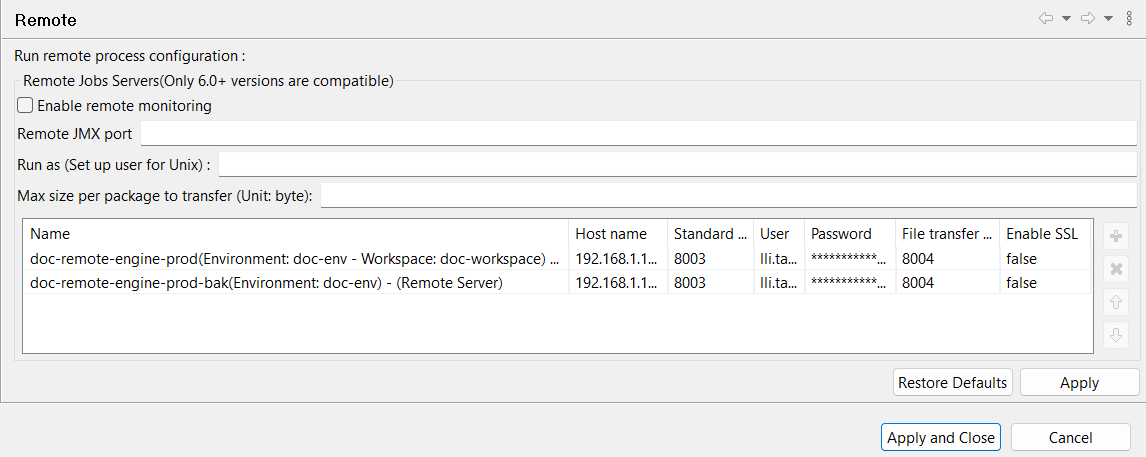 Remote configuration in the Preferences dialog box.