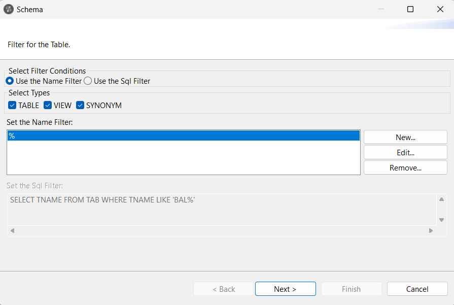 Filter for the Table dialog box.