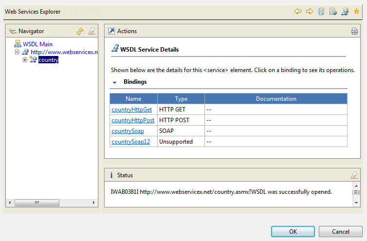 Web Services Explorer dialog box with details opened.