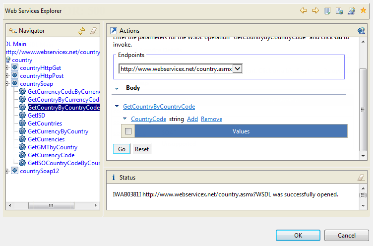 Web Services Explorer dialog box with actions opened.