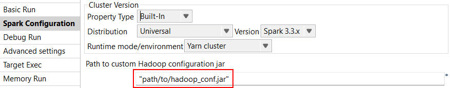 Spark Configuration view opened with the path to custom Hadoop configuration JAR file highlighted.