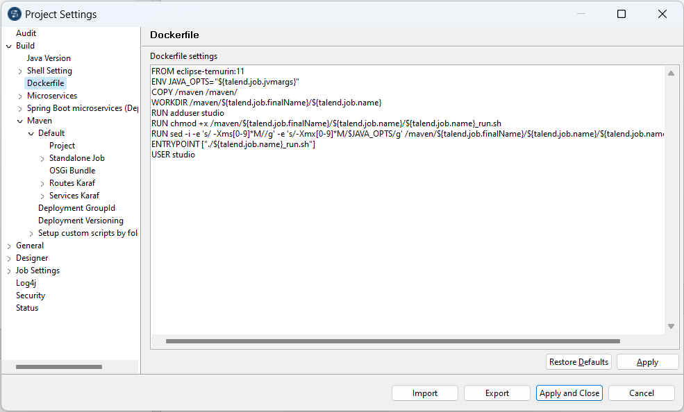 Project Settings dialog box.