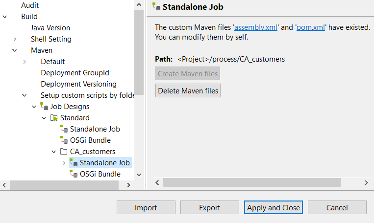 Standalone Job configuration in the Project Settings dialog box.