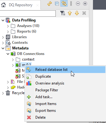 Contextual menu of a DB connection from the Profiling perspective.