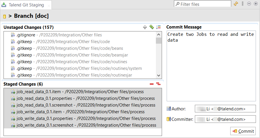 Talend Git Staging view.