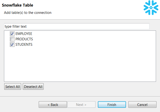 Snowflake Table dialog box.