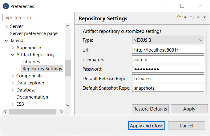 Repository Settings section of the Preferences dialog box.