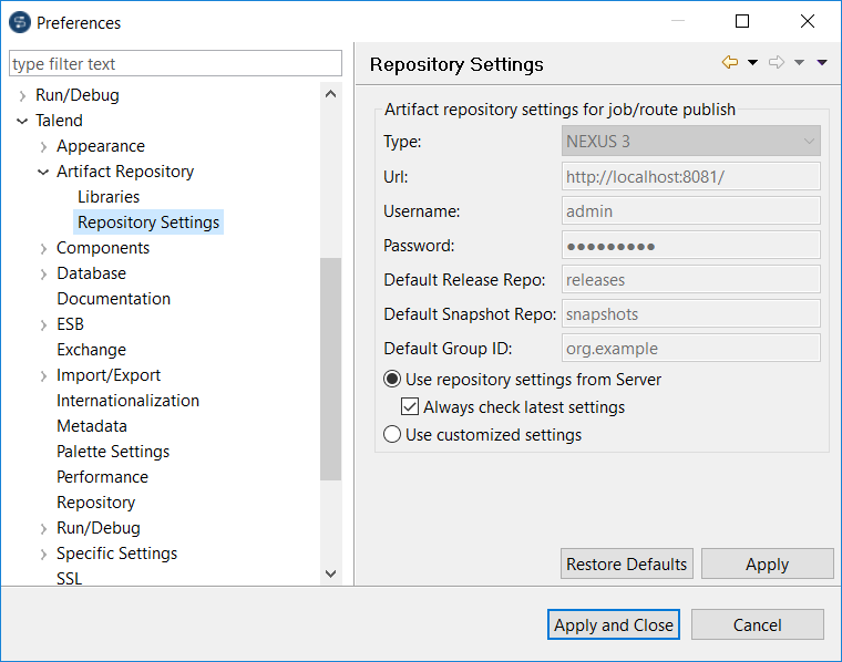 Repository Settings section of the Preferences dialog box.