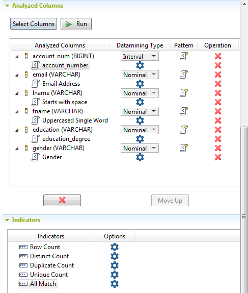 Overview of the Analyzed Columns and Indicators sections in the Analysis Settings tab.
