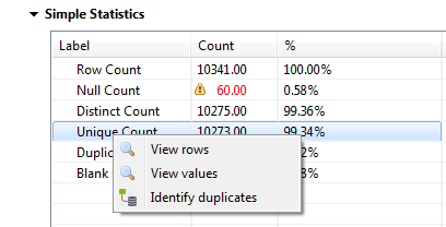 Contextual menu of analyzed data in the Simple Statistics section.