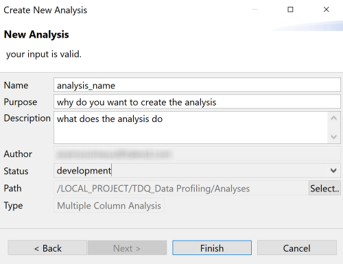New analysis window when the Name, Purpose, and Description fields are filled in.