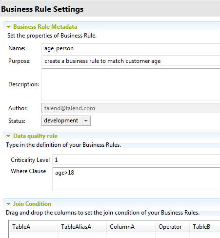 Overview of the business rule settings.