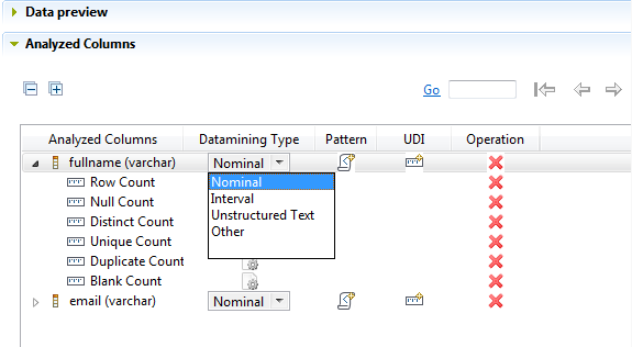 Drop-down list for the data mining type of an analyzed column in the Analyzed Columns section.