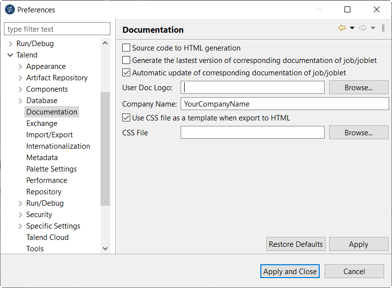 Documentation view in the Preferences wizard.