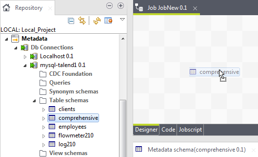 Screenshot showing how to drop a table schema from the Metadata view into the design workspace.