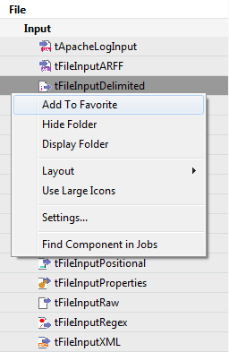 Component options in the Palette view.