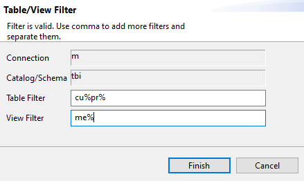 Example of values in the Table Filter and View Filter fields.