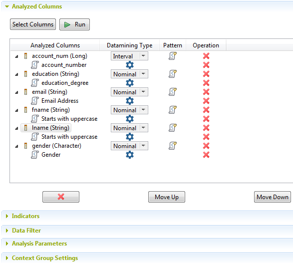 The added regular expression is displayed under the column in the Analyzed Columns section.