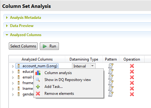 Contextual menu of a column in the Analyzed Columns section.
