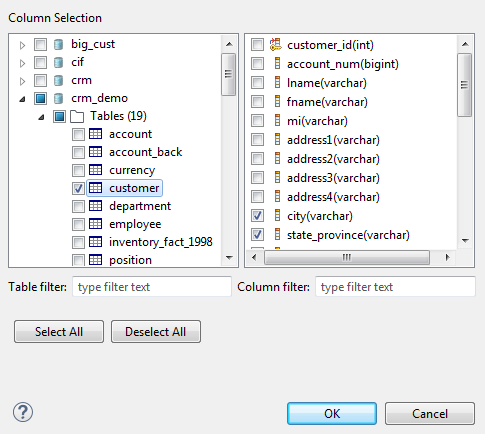 Overview of the Column Selection window.