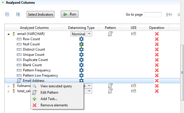 Contextual menu of an analyzed column from the Analyzed Columns section.