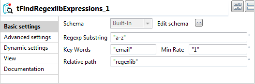 Overview of the tFindRegexlibExpressions basic settings.