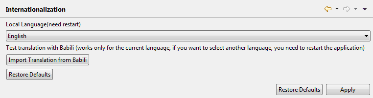 Internationalization view in the Preferences dialog box.