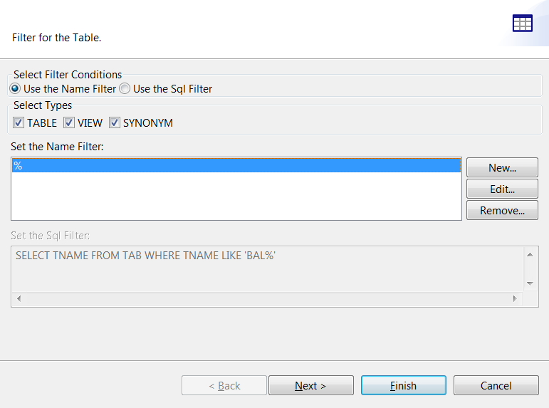 Filter for the Table dialog box.