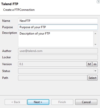 Talend FTP dialog box.