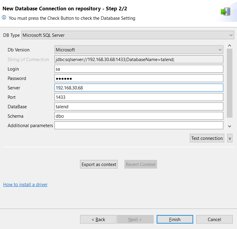"New Database Connection on repository - Step 2/2" dialog box.