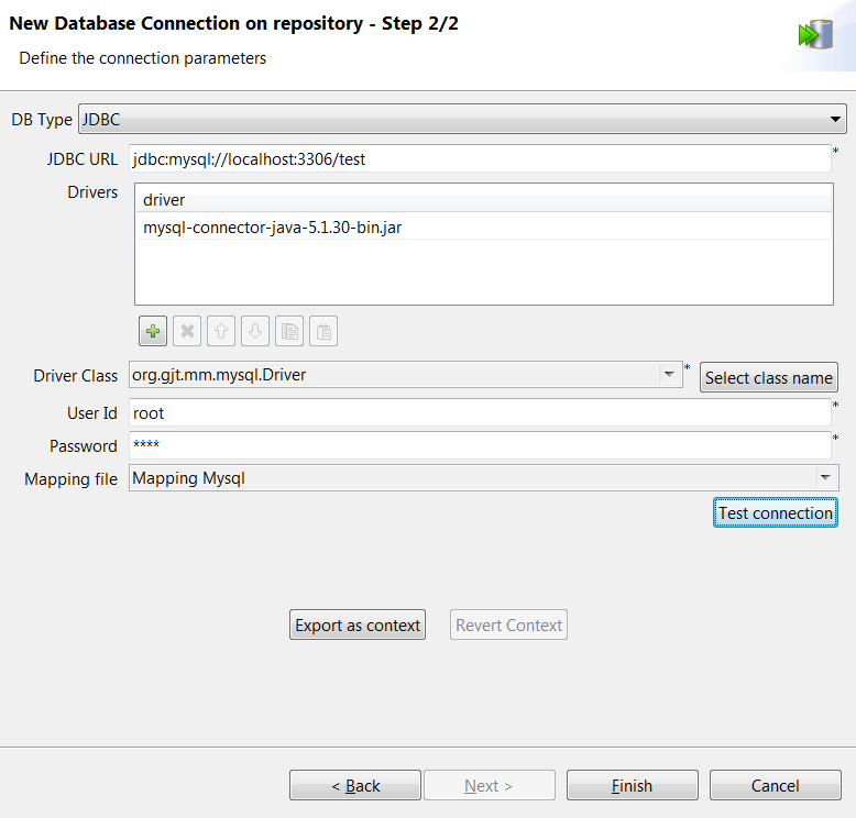 New Database Connection on repository - Step 2/2 with JDBC dialog box