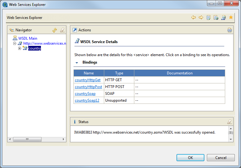 Web Services Explorer dialog box with details opened.