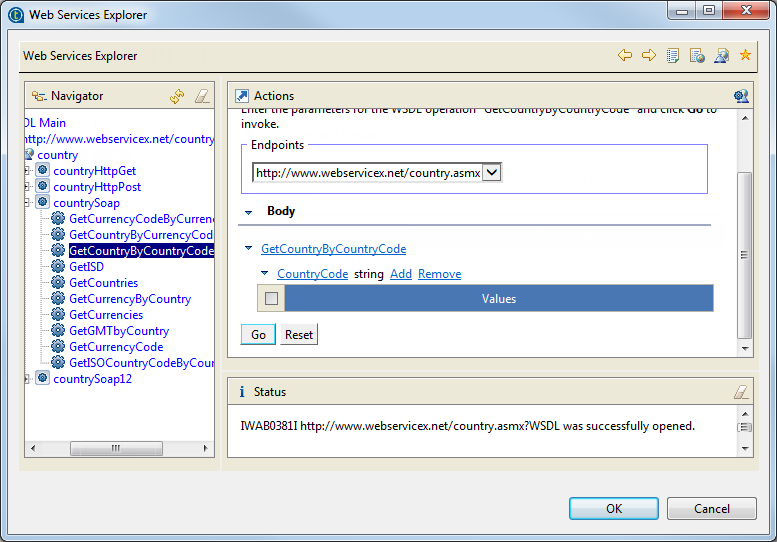 Web Services Explorer dialog box with actions opened.