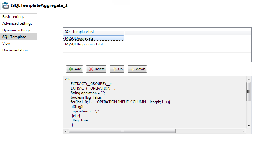 SQL template view.