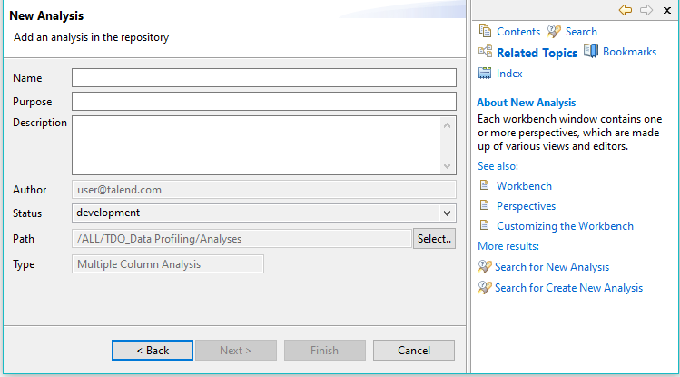 Example of the Help panel displayed in the New analysis wizard.